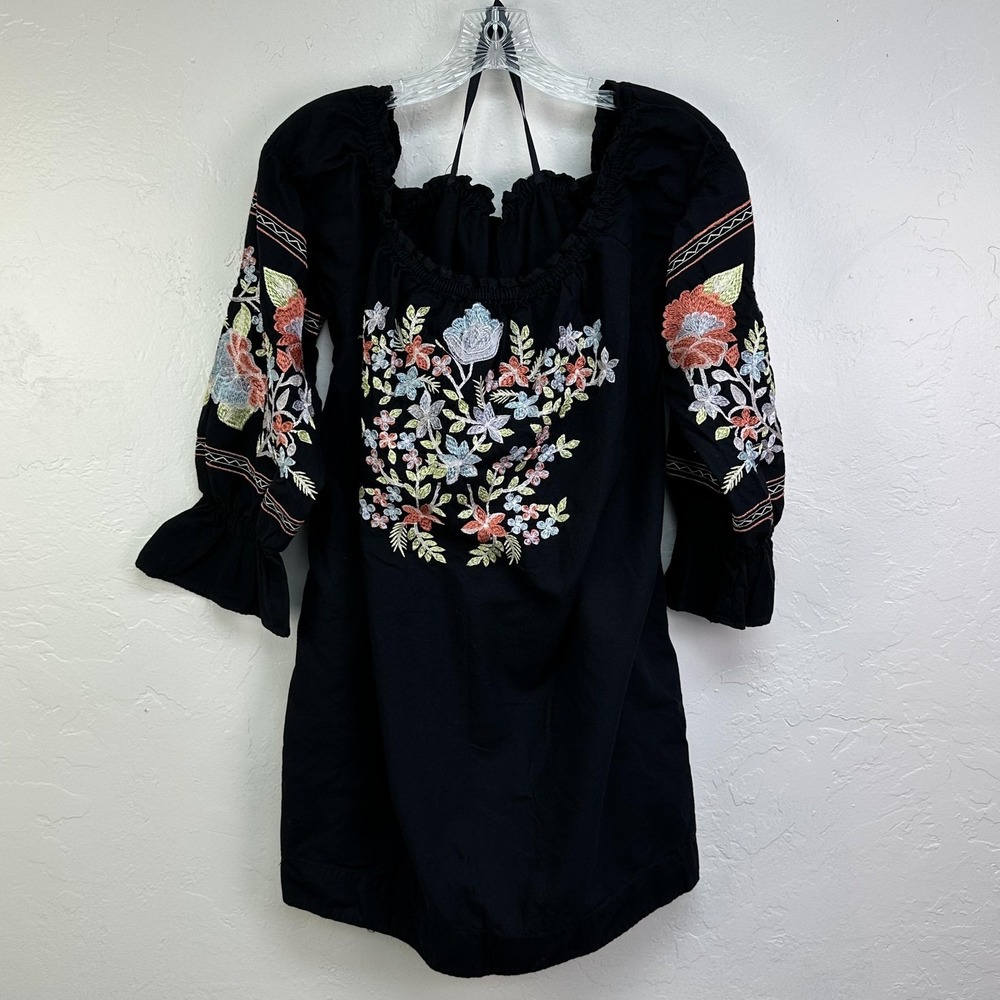 Free People Embroidered Boho Peasant Shirt Womens Black Cotton Floral Tunic